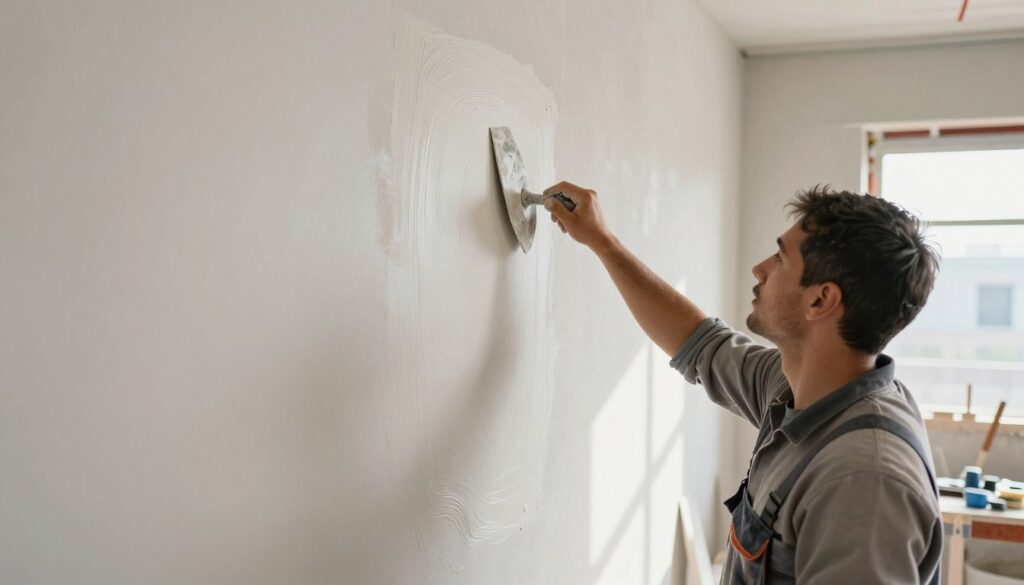 A skilled worker meticulously applying machine plaster by hand on a wall, focusing on achieving a smooth, even texture. The foreground features the worker, dressed in professional, modest work attire, holding a trowel, with a look of concentration. In the middle ground, the wall is partially coated with freshly applied plaster, showcasing the artisan's technique. The background shows a well-lit construction site with tools and equipment neatly arranged, enhancing the professional atmosphere. Natural sunlight filters in, casting soft shadows that highlight the contours of the plastered surface. The overall mood is focused and industrious, emphasizing craftsmanship and precision in manual plaster application.