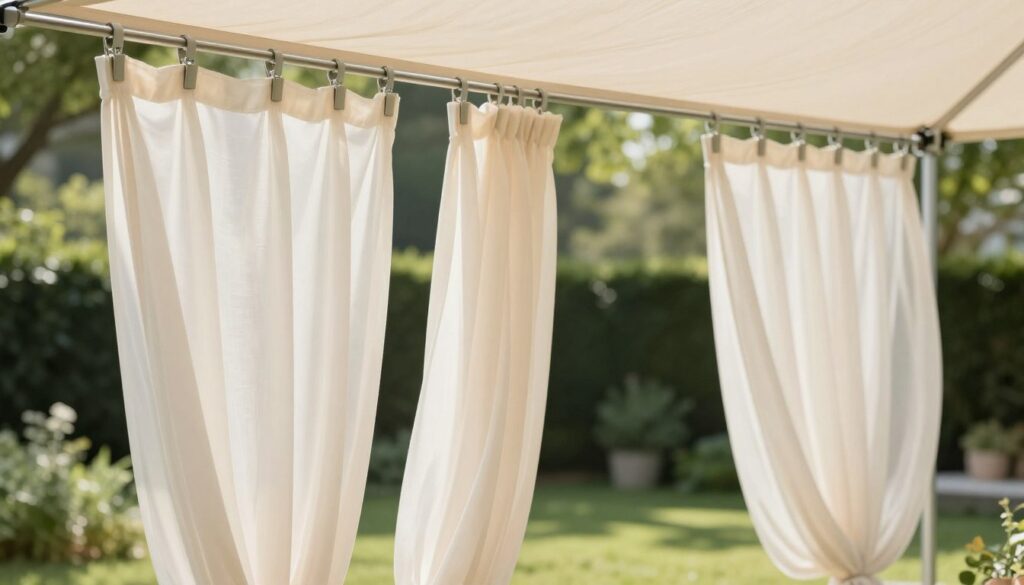 A sleek and minimalistic outdoor canopy, elegantly draped with light, airy curtains hanging from sturdy stainless steel wires. The foreground features intricate details of the light grey metal hooks and clips securing the curtains, creating a sense of modern functionality. In the middle ground, the soft, flowing fabric of the curtains is shown catching a gentle breeze, enhancing the ambiance of peacefulness. The backdrop reveals a lush green garden with soft sunlight filtering through, casting delicate shadows on the ground. The scene is bright and inviting, evoking a tranquil atmosphere perfect for relaxing in a stylish outdoor space. The depth of field is shallow, focusing on the curtain arrangement while softly blurring the garden, conveying a sense of minimalist beauty. A sleek and minimalistic outdoor canopy, elegantly draped with light, airy curtains hanging from sturdy stainless steel wires. The foreground features intricate details of the light grey metal hooks and clips securing the curtains, creating a sense of modern functionality. In the middle ground, the soft, flowing fabric of the curtains is shown catching a gentle breeze, enhancing the ambiance of peacefulness. The backdrop reveals a lush green garden with soft sunlight filtering through, casting delicate shadows on the ground. The scene is bright and inviting, evoking a tranquil atmosphere perfect for relaxing in a stylish outdoor space. The depth of field is shallow, focusing on the curtain arrangement while softly blurring the garden, conveying a sense of minimalist beauty.