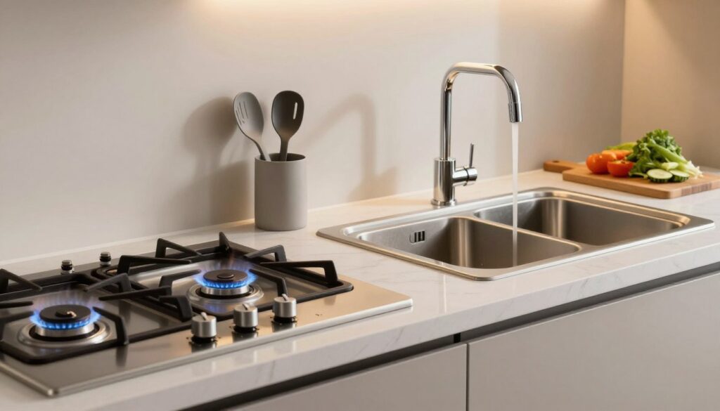 A sleek modern kitchen featuring a gas stove and a stainless steel sink positioned side by side. In the foreground, show the gas stove with elegant knobs and a glowing flame, while the sink has a shiny faucet with water flowing. In the middle ground, include neatly arranged kitchen utensils and a cutting board with fresh vegetables, suggesting a functional cooking space. The background features soft, warm lighting that creates an inviting atmosphere, highlighting a minimalist design with light-colored cabinets and a marble countertop. The angle should be slightly elevated, capturing the harmony of the setup, emphasizing both ergonomics and safety, while maintaining a clean and professional aesthetic. The overall mood is one of practicality and innovation in kitchen design. A sleek modern kitchen featuring a gas stove and a stainless steel sink positioned side by side. In the foreground, show the gas stove with elegant knobs and a glowing flame, while the sink has a shiny faucet with water flowing. In the middle ground, include neatly arranged kitchen utensils and a cutting board with fresh vegetables, suggesting a functional cooking space. The background features soft, warm lighting that creates an inviting atmosphere, highlighting a minimalist design with light-colored cabinets and a marble countertop. The angle should be slightly elevated, capturing the harmony of the setup, emphasizing both ergonomics and safety, while maintaining a clean and professional aesthetic. The overall mood is one of practicality and innovation in kitchen design.