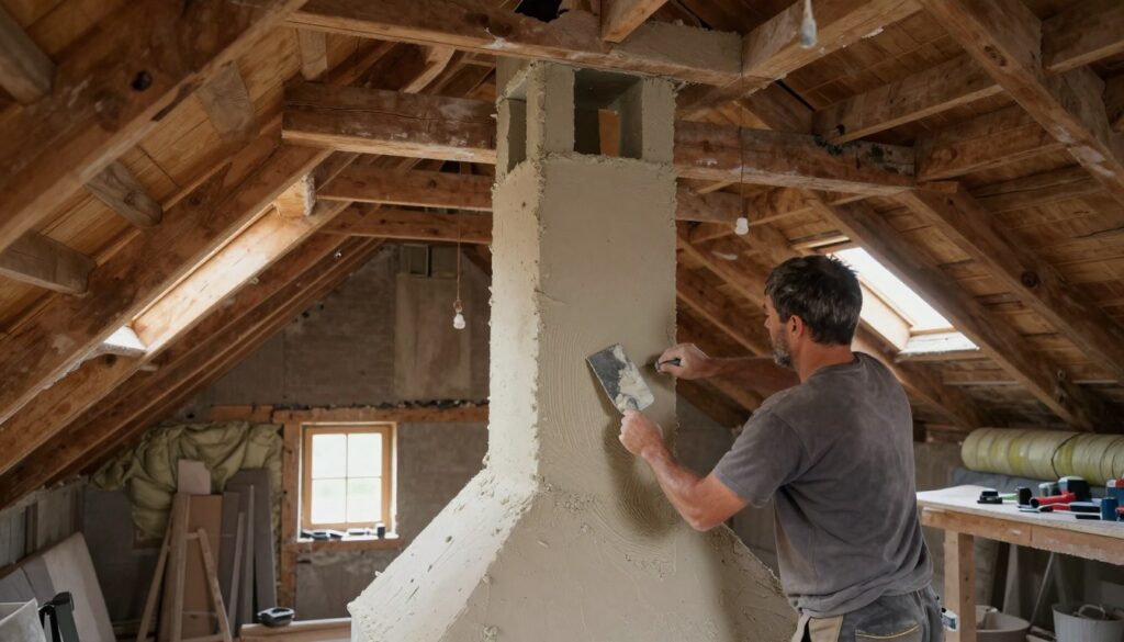A spacious, unheated attic with wooden beams and a rustic atmosphere, showcasing the application of plastering around a chimney. In the foreground, a skilled worker in modest clothing carefully applies plaster with a trowel, highlighting the texture and technique of the application. The middle ground features a partially completed chimney with uneven surfaces and freshly mixed plaster. Soft, natural light filters through small, dusty windows, casting gentle shadows that emphasize the depth and character of the wooden structure. In the background, insulation materials and tools are neatly arranged, creating an organized workspace. The overall mood is focused and industrious, reflecting the meticulous craftsmanship involved in preparing the chimney for durable finishing in a temperature-resistant environment.