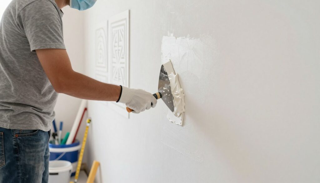 A step-by-step demonstration of applying plaster to a wall, showcasing a skilled professional in modest casual clothing. In the foreground, the individual carefully spreads white plaster using a trowel, demonstrating technique and precision, while wearing protective gloves and a mask. In the middle ground, several patterns and templates can be seen on the wall, illustrating various designs that can be created with plaster. Bright and natural lighting enhances the textures of the plaster, adding depth and detail to the scene. The background features tools neatly arranged, such as buckets, mixing tools, and measuring equipment, to emphasize a well-organized workspace. The atmosphere conveys a sense of creativity and professionalism, inviting viewers to learn and replicate the process. A step-by-step demonstration of applying plaster to a wall, showcasing a skilled professional in modest casual clothing. In the foreground, the individual carefully spreads white plaster using a trowel, demonstrating technique and precision, while wearing protective gloves and a mask. In the middle ground, several patterns and templates can be seen on the wall, illustrating various designs that can be created with plaster. Bright and natural lighting enhances the textures of the plaster, adding depth and detail to the scene. The background features tools neatly arranged, such as buckets, mixing tools, and measuring equipment, to emphasize a well-organized workspace. The atmosphere conveys a sense of creativity and professionalism, inviting viewers to learn and replicate the process.