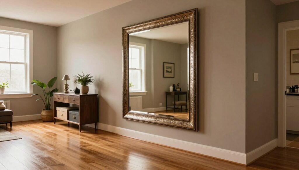 A stylish and contemporary hallway featuring a large, elegant wall mirror that enhances the space with a reflective, expansive effect. In the foreground, the polished wooden floor shines softly under warm ambient lighting, creating an inviting atmosphere. The middle of the scene showcases the ornate mirror, framed with intricate patterns that complement the wall's muted color tone. To one side, a chic console table holds decorative elements like plants and stylish storage boxes, adding functionality. In the background, soft natural light streams in through a nearby window, illuminating the entire space with a gentle glow. The overall mood is cozy and sophisticated, ideal for a welcoming entryway.