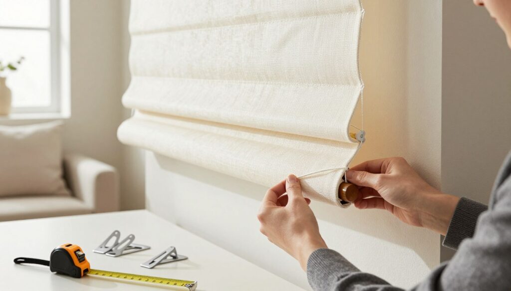 A stylish close-up view of a Roman blind being installed on a curtain rod without drilling. The scene features a well-organized workspace, with tools like a measuring tape and brackets laid out neatly on a clean surface. In the foreground, a pair of hands demonstrates the installation process, wearing smart casual attire. The blind is elegantly folded, showcasing its aesthetic pleats. Soft natural light streams in from a nearby window, illuminating the textures of the fabric and the polished wood of the curtain rod. In the background, a cozy room with light-colored walls and soft furnishings creates a warm atmosphere, emphasizing the beauty and functionality of the installed Roman blind. The camera angle captures both the craftsmanship and the inviting ambiance of the space. A stylish close-up view of a Roman blind being installed on a curtain rod without drilling. The scene features a well-organized workspace, with tools like a measuring tape and brackets laid out neatly on a clean surface. In the foreground, a pair of hands demonstrates the installation process, wearing smart casual attire. The blind is elegantly folded, showcasing its aesthetic pleats. Soft natural light streams in from a nearby window, illuminating the textures of the fabric and the polished wood of the curtain rod. In the background, a cozy room with light-colored walls and soft furnishings creates a warm atmosphere, emphasizing the beauty and functionality of the installed Roman blind. The camera angle captures both the craftsmanship and the inviting ambiance of the space.