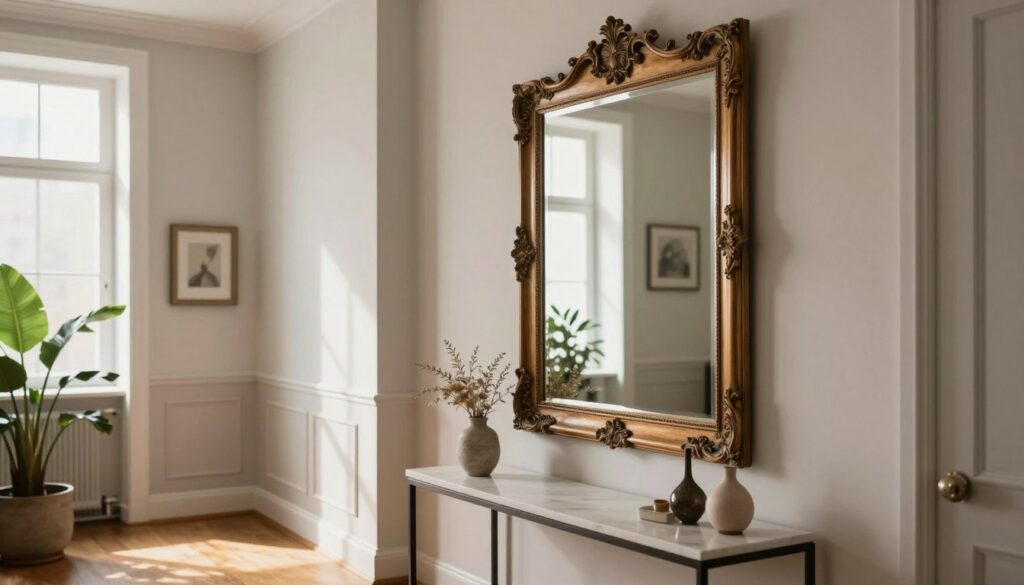 A stylish corridor featuring a large, elegantly framed mirror on one wall, reflecting soft ambient light that creates a bright and inviting atmosphere. In the foreground, decorative elements like a sleek console table with tasteful decor and potted plants add depth. The middle ground showcases the mirror’s intricate frame, made of polished wood with ornate detailing, complemented by neutral wall colors. The background highlights subtle architectural features such as wainscoting and a warm, wooden floor, enhancing the overall elegance. Natural light filters in from a nearby window, casting gentle shadows that suggest openness. The mood is sophisticated yet cozy, perfect for showcasing how to choose frames, colors, and materials to enhance a space. Please ensure there are no people in this image. A stylish corridor featuring a large, elegantly framed mirror on one wall, reflecting soft ambient light that creates a bright and inviting atmosphere. In the foreground, decorative elements like a sleek console table with tasteful decor and potted plants add depth. The middle ground showcases the mirror’s intricate frame, made of polished wood with ornate detailing, complemented by neutral wall colors. The background highlights subtle architectural features such as wainscoting and a warm, wooden floor, enhancing the overall elegance. Natural light filters in from a nearby window, casting gentle shadows that suggest openness. The mood is sophisticated yet cozy, perfect for showcasing how to choose frames, colors, and materials to enhance a space. Please ensure there are no people in this image.