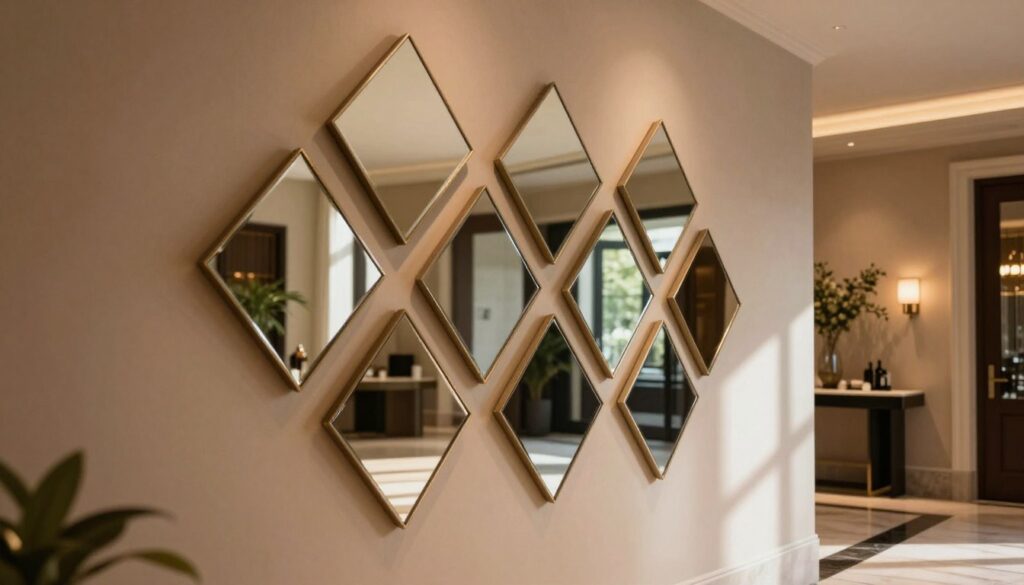 A stylish entrance hall featuring a striking arrangement of diamond-shaped mirrors mounted on a warm-toned wall. In the foreground, the mirrors reflect soft, ambient lighting that creates a cozy atmosphere. The middle ground showcases elegant, minimalist decor, including a sleek console table adorned with decorative items, enhancing the charm. The background reveals a tastefully designed space with subtle greenery, and an inviting entryway. Use natural light to accentuate the geometric patterns of the mirrors, casting delicate shadows that add depth. Capture the scene from a slightly angled perspective, emphasizing the visual impact of the diamond mirrors and their ability to transform the entryway, evoking a feeling of sophistication and allure.