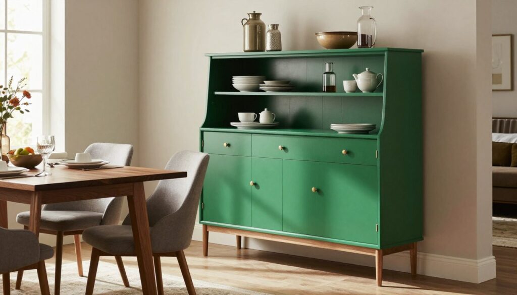 A stylish green kredens (sideboard) with an above section, showcasing its functionality and intricate details. Positioned in a well-lit, modern dining room, the kredens is made of polished wood with metal accents, reflecting contemporary design. The foreground features the kredens filled with neatly arranged ceramics and decorative items. In the middle, a dining table with chairs complements the kredens, adorned with a tasteful table setting, hinting at a warm, inviting atmosphere. The background includes softly painted walls in neutral tones, creating a harmonious balance with the green of the kredens. Natural light filters through a nearby window, enhancing the ambient feel. The scene evokes a sense of elegance and practicality, perfect for showcasing the unique features of the kredens. A stylish green kredens (sideboard) with an above section, showcasing its functionality and intricate details. Positioned in a well-lit, modern dining room, the kredens is made of polished wood with metal accents, reflecting contemporary design. The foreground features the kredens filled with neatly arranged ceramics and decorative items. In the middle, a dining table with chairs complements the kredens, adorned with a tasteful table setting, hinting at a warm, inviting atmosphere. The background includes softly painted walls in neutral tones, creating a harmonious balance with the green of the kredens. Natural light filters through a nearby window, enhancing the ambient feel. The scene evokes a sense of elegance and practicality, perfect for showcasing the unique features of the kredens.