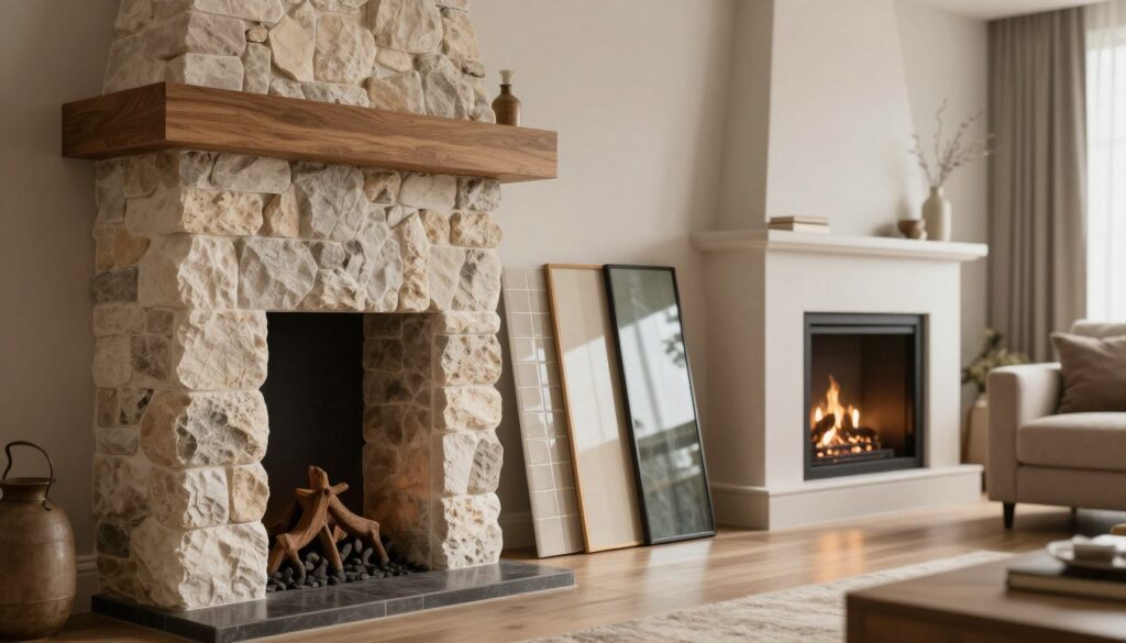 A stylish living room featuring a beautifully designed chimney with various attractive finishing materials. In the foreground, showcase a sleek stone-clad chimney with textured surfaces, complemented by warm wooden accents. The middle ground highlights contrasting options like elegant ceramic tiles and polished glass panels leaning against the wall, allowing for a comparison of aesthetics. In the background, softly lit ambiance with a cozy modern fireplace, plush furniture, and tasteful decor creates a warm and inviting atmosphere. Utilize soft, diffuse lighting to enhance the textures of the materials while maintaining a serene and sophisticated mood. The image should convey a sense of harmony and style, emphasizing the appeal of different chimney finishes. A stylish living room featuring a beautifully designed chimney with various attractive finishing materials. In the foreground, showcase a sleek stone-clad chimney with textured surfaces, complemented by warm wooden accents. The middle ground highlights contrasting options like elegant ceramic tiles and polished glass panels leaning against the wall, allowing for a comparison of aesthetics. In the background, softly lit ambiance with a cozy modern fireplace, plush furniture, and tasteful decor creates a warm and inviting atmosphere. Utilize soft, diffuse lighting to enhance the textures of the materials while maintaining a serene and sophisticated mood. The image should convey a sense of harmony and style, emphasizing the appeal of different chimney finishes.