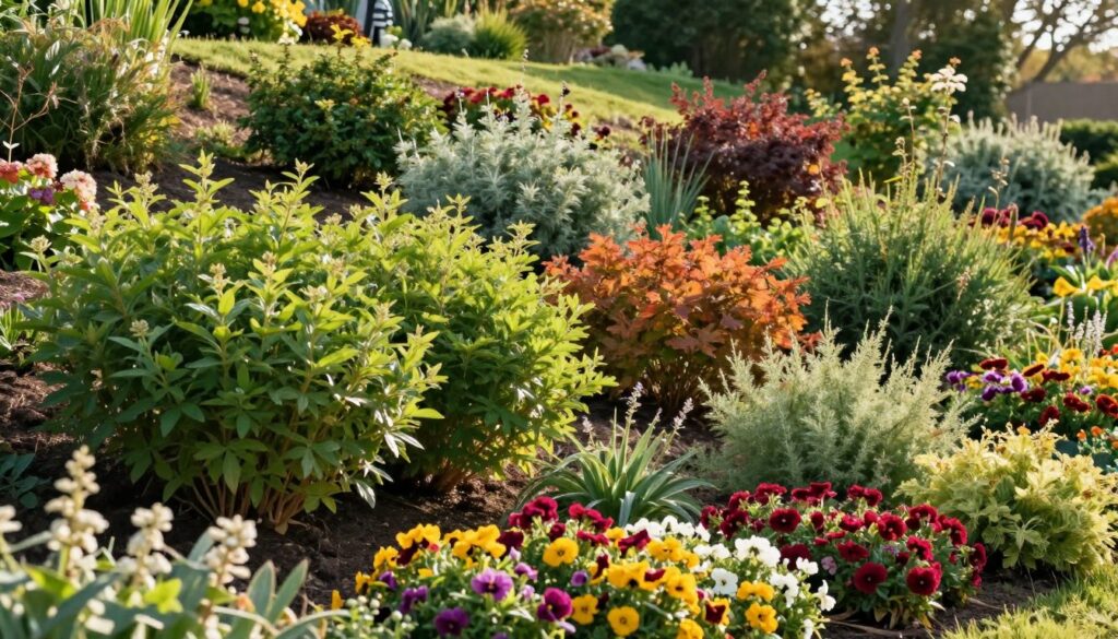 A sunny hillside garden featuring an elegant mixture of flowering shrubs, perennial plants, and ground cover foliage. In the foreground, vibrant perennial flowers in various colors bloom, adding texture and depth. The middle layer showcases lush shrubs, diverse in height and shape, creating a natural, layered look, with some plants exhibiting bright green leaves and some with striking autumn colors. The background is gently sloping, covered with low-growing ground covers that anchor the soil and prevent erosion. Soft, warm sunlight filters through, casting gentle shadows and highlighting the rich colors of the foliage. The scene conveys a tranquil, thriving ecosystem, emphasizing the beauty and sustainability of well-planned slope gardens. A sunny hillside garden featuring an elegant mixture of flowering shrubs, perennial plants, and ground cover foliage. In the foreground, vibrant perennial flowers in various colors bloom, adding texture and depth. The middle layer showcases lush shrubs, diverse in height and shape, creating a natural, layered look, with some plants exhibiting bright green leaves and some with striking autumn colors. The background is gently sloping, covered with low-growing ground covers that anchor the soil and prevent erosion. Soft, warm sunlight filters through, casting gentle shadows and highlighting the rich colors of the foliage. The scene conveys a tranquil, thriving ecosystem, emphasizing the beauty and sustainability of well-planned slope gardens.