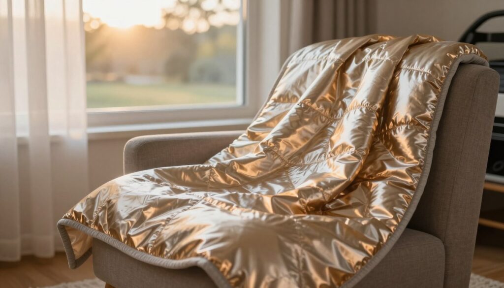 A thermal blanket is elegantly draped over a cozy armchair in a warm living room setting. The foreground features the vibrant, metallic surface of the blanket catching the soft ambient light, emphasizing its insulation properties. In the middle, a serene window scene reveals a peaceful outdoor landscape with gentle sunlight filtering through sheer curtains, showcasing the blanket’s role in reflecting warmth and retaining heat. In the background, a subtle hint of a car interior can be glimpsed, illustrating its versatility for both home and travel use. The atmosphere is inviting and warm, with a focus on comfort and relief from the cold, captured in a soft focus. Use a warm color palette and soft lighting to create a cozy, home-like feel.