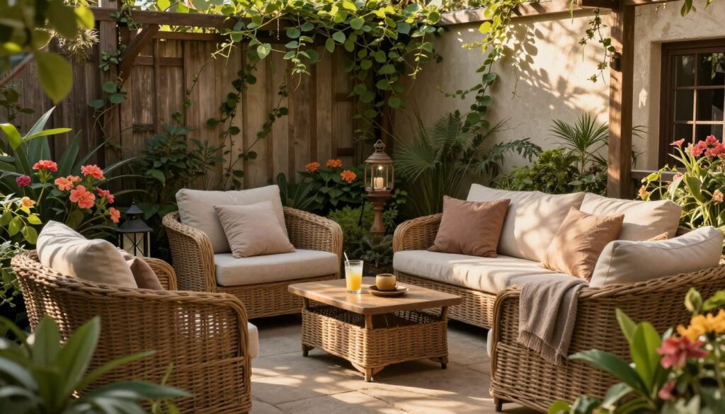 A tranquil outdoor relaxation corner, featuring a cozy seating arrangement with plush cushions in subtle earth tones. In the foreground, a stylish wicker sofa adorned with soft throws, surrounded by lush greenery and colorful flowering plants. The middle ground includes a small coffee table with a refreshing drink and a decorative lantern. In the background, a wooden trellis with climbing vines as soft sunlight filters through, casting gentle shadows. The setting reflects a serene atmosphere, evoking comfort and tranquility. The composition captures a harmonious blend of nature and comfort, focusing on creating a perfect retreat. Use warm, golden hour lighting for a peaceful ambiance, with a wide-angle perspective to emphasize the inviting space.