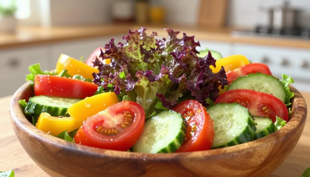 A vibrant, colorful salad featuring purple lettuce as the centerpiece, surrounded by an array of fresh vegetables like bright red tomatoes, cheerful yellow bell peppers, and crisp green cucumbers. The salad is artfully arranged in a rustic wooden bowl, with droplets of water clinging to the vegetables, suggesting freshness. In the background, a sunny kitchen with warm, inviting lighting casts a soft glow over the scene, highlighting the rich colors of the ingredients. A slightly blurred effect enhances the depth of the image, focusing on the salad. The mood is lively and appetizing, evoking a sense of health and vitality, perfect for illustrating the idea of "more color" in a salad. A vibrant, colorful salad featuring purple lettuce as the centerpiece, surrounded by an array of fresh vegetables like bright red tomatoes, cheerful yellow bell peppers, and crisp green cucumbers. The salad is artfully arranged in a rustic wooden bowl, with droplets of water clinging to the vegetables, suggesting freshness. In the background, a sunny kitchen with warm, inviting lighting casts a soft glow over the scene, highlighting the rich colors of the ingredients. A slightly blurred effect enhances the depth of the image, focusing on the salad. The mood is lively and appetizing, evoking a sense of health and vitality, perfect for illustrating the idea of "more color" in a salad.