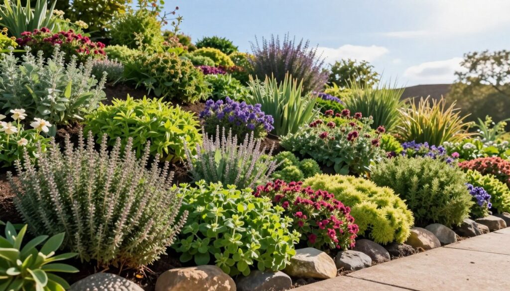 A vibrant garden scene showcasing a variety of perennial ground cover plants suitable for sunny slopes, designed for aesthetic appeal in garden beds, embankments, and path edges. In the foreground, incorporate lush green plants with colorful flowering varieties like creeping thyme and sedum, interspersed with ornamental stones. The middle ground should feature a gentle sloping bank covered in these plants, exhibiting their cascading growth. The background reveals a bright blue sky with gentle sunlight filtering through, casting soft shadows and highlighting the textures of the foliage. The mood is serene and inviting, ideal for a beautifully landscaped area, with an angle that captures the depth of the garden slope. A vibrant garden scene showcasing a variety of perennial ground cover plants suitable for sunny slopes, designed for aesthetic appeal in garden beds, embankments, and path edges. In the foreground, incorporate lush green plants with colorful flowering varieties like creeping thyme and sedum, interspersed with ornamental stones. The middle ground should feature a gentle sloping bank covered in these plants, exhibiting their cascading growth. The background reveals a bright blue sky with gentle sunlight filtering through, casting soft shadows and highlighting the textures of the foliage. The mood is serene and inviting, ideal for a beautifully landscaped area, with an angle that captures the depth of the garden slope.