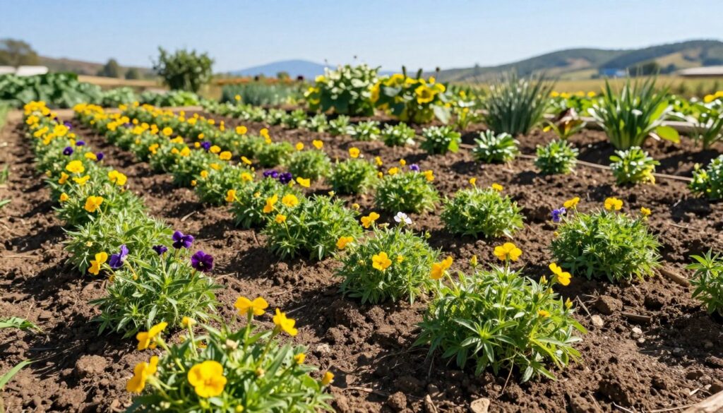 A vibrant garden scene showcasing permeable soil rich in nutrients, ideal for planting sun-loving perennial ground cover plants. In the foreground, clusters of green, lush ground-hugging plants with vibrant yellow and purple flowers spread across the textured soil. The middle ground features neat planting rows, illustrating proper spacing for optimal growth, with sunlight casting gentle shadows to highlight the soil's crumbly texture. In the background, a clear blue sky enhances the warmth of the sunny environment, while distant hills provide a serene backdrop. The mood is bright and inviting, capturing the essence of a thriving garden ready for planting under full sunlight. Soft, natural lighting creates a warm and welcoming atmosphere, encouraging growth and flourishing plant life. A vibrant garden scene showcasing permeable soil rich in nutrients, ideal for planting sun-loving perennial ground cover plants. In the foreground, clusters of green, lush ground-hugging plants with vibrant yellow and purple flowers spread across the textured soil. The middle ground features neat planting rows, illustrating proper spacing for optimal growth, with sunlight casting gentle shadows to highlight the soil's crumbly texture. In the background, a clear blue sky enhances the warmth of the sunny environment, while distant hills provide a serene backdrop. The mood is bright and inviting, capturing the essence of a thriving garden ready for planting under full sunlight. Soft, natural lighting creates a warm and welcoming atmosphere, encouraging growth and flourishing plant life.