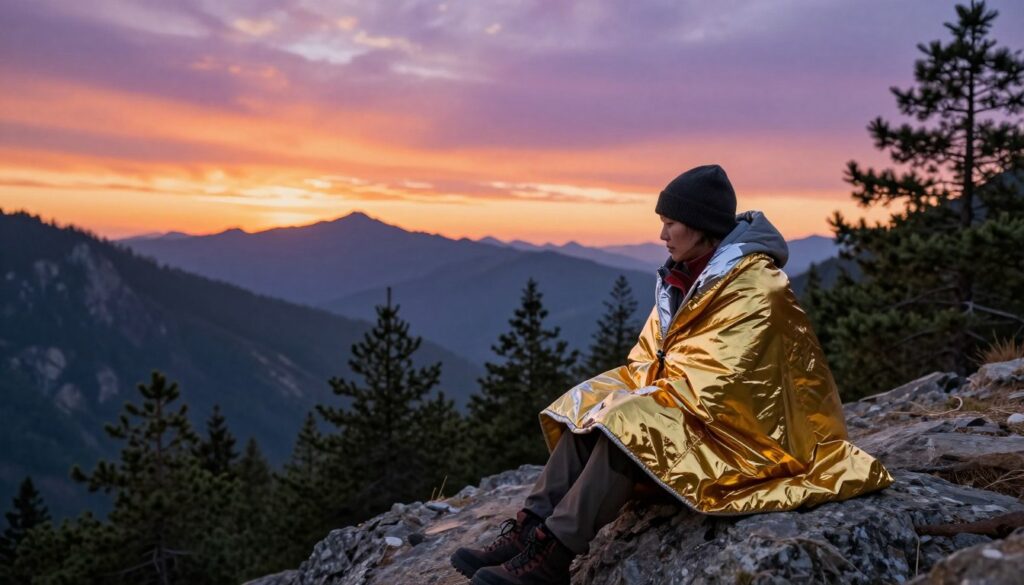 A vibrant mountain landscape during sunset, showcasing a hiker using a thermal blanket in the foreground. The hiker, dressed in warm, modest outdoor attire, is seated on a rocky outcrop, wrapping themselves in the reflective gold and silver emergency blanket. In the middle ground, a picturesque view of towering mountains and dense pine forests captures the essence of adventure and exploration. The background features a colorful sky transitioning from orange to purple, with soft, diffused lighting to create a warm, inviting atmosphere. The scene conveys a sense of safety and comfort in nature, emphasizing the practical use of the thermal blanket in outdoor situations.