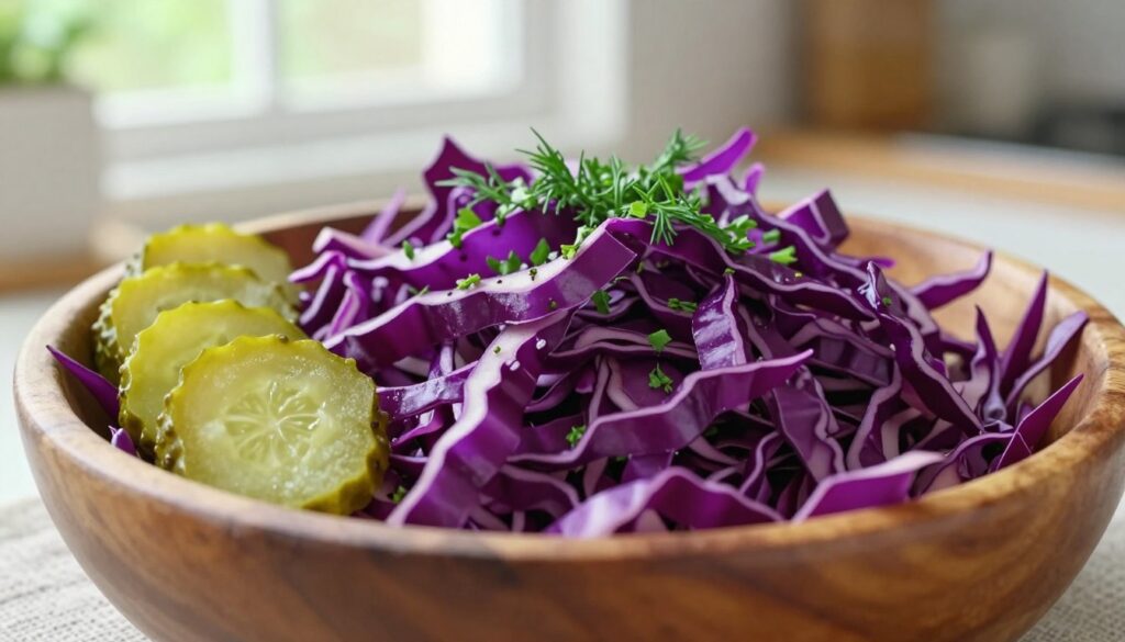 A vibrant salad made with shredded red cabbage, showcasing its deep purple hues and crisp texture, is placed in a rustic wooden bowl. Accompanying the cabbage are slices of bright green, tangy pickled cucumbers, adding a refreshing contrast. The salad is garnished with a sprinkle of fresh herbs, perhaps dill or parsley, enhancing its visual appeal. The background features a soft-focus kitchen setting with natural light streaming through a window, creating a warm, inviting atmosphere. The angle is slightly elevated, capturing the colorful details of the salad while giving a sense of depth and texture. Ideal for a quick recipe, the overall mood is fresh, healthy, and appetizing. A vibrant salad made with shredded red cabbage, showcasing its deep purple hues and crisp texture, is placed in a rustic wooden bowl. Accompanying the cabbage are slices of bright green, tangy pickled cucumbers, adding a refreshing contrast. The salad is garnished with a sprinkle of fresh herbs, perhaps dill or parsley, enhancing its visual appeal. The background features a soft-focus kitchen setting with natural light streaming through a window, creating a warm, inviting atmosphere. The angle is slightly elevated, capturing the colorful details of the salad while giving a sense of depth and texture. Ideal for a quick recipe, the overall mood is fresh, healthy, and appetizing.