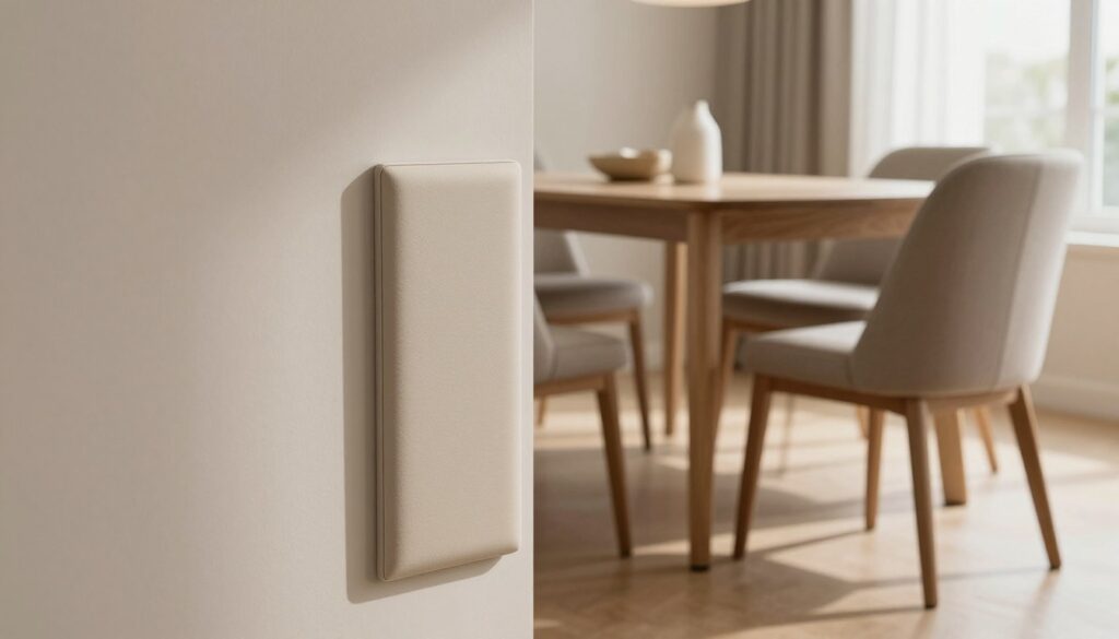 A wall corner in a modern dining room, specifically focused on a stylish, discreet wall protector installed at chair height. The foreground showcases the sleek padding of the protector, highlighting its texture and design. In the middle ground, a well-oriented dining table and elegant chairs are kept at a distance, allowing for a clear view of the wall protection in action. The background features soft, natural lighting coming from a nearby window, casting gentle shadows that enhance the cozy atmosphere. The lens is set to a slightly wide angle to capture both the wall protector and the dining environment harmoniously. The mood should be warm and inviting, reflecting a practical yet aesthetic solution to protect walls from chair impacts.