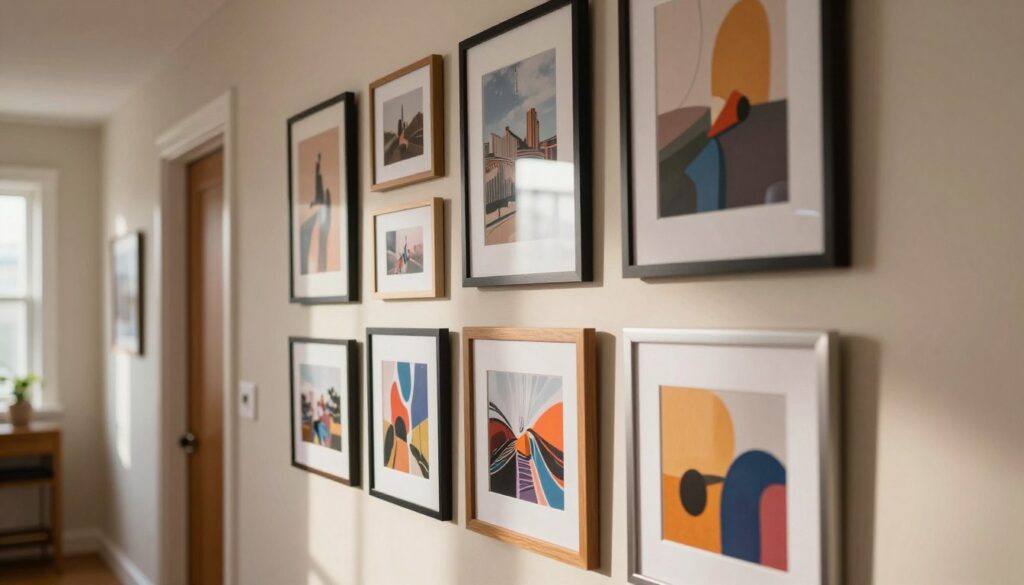 A well-arranged gallery wall showcasing an assortment of framed photos, artwork, and stylish posters in a cozy hallway. In the foreground, several elegant frames in wood and metal styles display vibrant photographs and abstract designs. The middle layer features a tasteful arrangement of various sizes, including both vertical and horizontal pieces, creating visual interest. The background includes a softly lit hallway with warm, neutral tones that enhance the overall ambiance. Natural sunlight filters through a nearby window, casting gentle shadows and highlighting the textures of the wall and frames. The atmosphere is inviting and personal, emphasizing a blend of artistic expression and functional decor for organizing the hallway space.