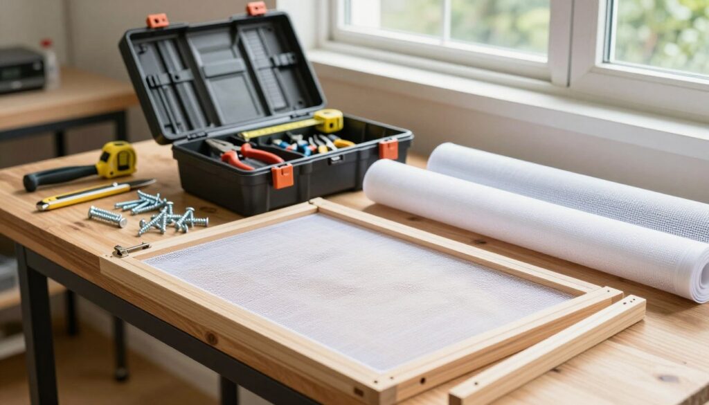 A well-arranged workspace showcasing materials and tools for making a balcony door mosquito net. In the foreground, a wooden frame is partially assembled, alongside various screws, hinges, and a roll of fine mesh material. In the middle, an organized toolbox reveals essential tools like pliers, a measuring tape, and a precision knife, all set on a wooden workbench. The background features a bright, sunlit room with natural light streaming through a window, illuminating the workspace. The atmosphere feels practical and industrious, conveying a sense of craftsmanship and attention to detail, perfect for DIY enthusiasts. The image is framed from a slightly elevated angle to capture the entire setup clearly, with soft shadows adding depth. A well-arranged workspace showcasing materials and tools for making a balcony door mosquito net. In the foreground, a wooden frame is partially assembled, alongside various screws, hinges, and a roll of fine mesh material. In the middle, an organized toolbox reveals essential tools like pliers, a measuring tape, and a precision knife, all set on a wooden workbench. The background features a bright, sunlit room with natural light streaming through a window, illuminating the workspace. The atmosphere feels practical and industrious, conveying a sense of craftsmanship and attention to detail, perfect for DIY enthusiasts. The image is framed from a slightly elevated angle to capture the entire setup clearly, with soft shadows adding depth.