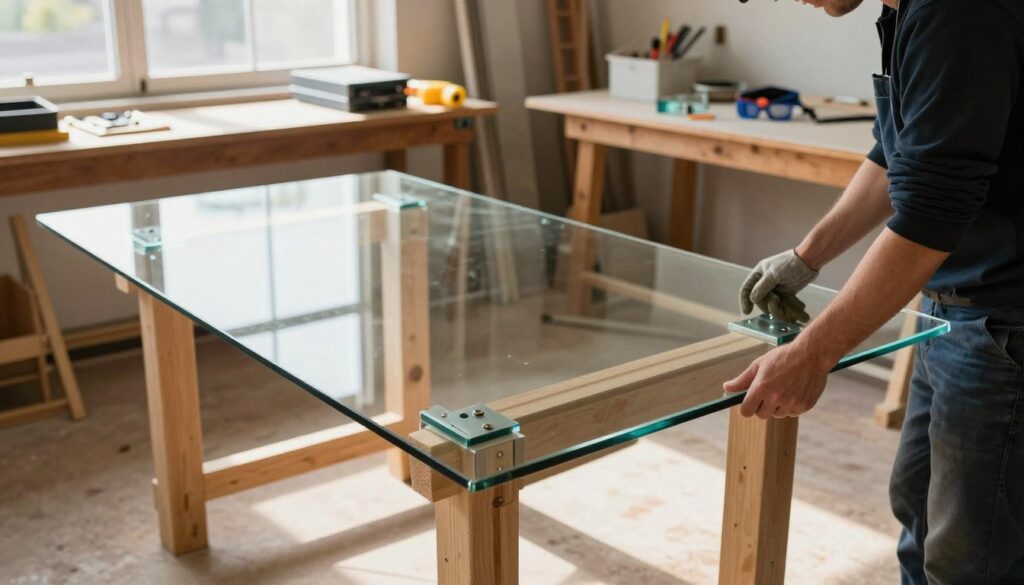 A well-lit workshop scene showcasing the step-by-step assembly of a glass tabletop for a dining table. In the foreground, a professional individual in smart casual attire carefully aligns a transparent glass top with sturdy wooden supports. Various safety tools, like gloves and protective eyewear, are visible nearby. The middle ground features essential materials: glass brackets and spacers neatly arranged, emphasizing safe mounting techniques. In the background, warm daylight filters through a large window, illuminating the workspace and casting soft shadows. The atmosphere is focused and industrious, capturing the meticulous care required for a successful glass tabletop installation. The angle is slightly elevated, providing a panoramic view of the setup while avoiding any text or overlays. A well-lit workshop scene showcasing the step-by-step assembly of a glass tabletop for a dining table. In the foreground, a professional individual in smart casual attire carefully aligns a transparent glass top with sturdy wooden supports. Various safety tools, like gloves and protective eyewear, are visible nearby. The middle ground features essential materials: glass brackets and spacers neatly arranged, emphasizing safe mounting techniques. In the background, warm daylight filters through a large window, illuminating the workspace and casting soft shadows. The atmosphere is focused and industrious, capturing the meticulous care required for a successful glass tabletop installation. The angle is slightly elevated, providing a panoramic view of the setup while avoiding any text or overlays.