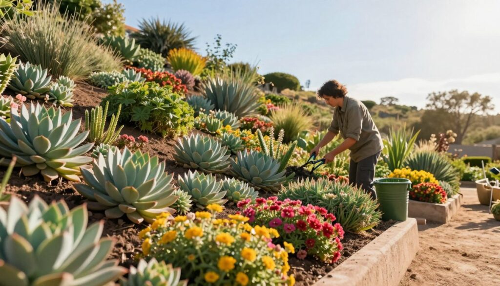 A well-manicured sunny slope filled with resilient plants that thrive in dry conditions, representing various drought-resistant species. In the foreground, vibrant succulents and colorful flowering ground covers spill over the edge of the incline, showcasing their textures and colors. In the middle, a gardener, dressed in modest casual clothing, can be seen tending to the plants, using pruning shears to maintain their health. The background features a gentle slope leading to a bright blue sky, with sunlight casting warm tones over the scene. The composition captures a serene atmosphere of nature and gardening, while emphasizing maintenance tasks like watering and trimming during different seasons. The lighting is soft and inviting, enhancing the lush appearance of the plants. A well-manicured sunny slope filled with resilient plants that thrive in dry conditions, representing various drought-resistant species. In the foreground, vibrant succulents and colorful flowering ground covers spill over the edge of the incline, showcasing their textures and colors. In the middle, a gardener, dressed in modest casual clothing, can be seen tending to the plants, using pruning shears to maintain their health. The background features a gentle slope leading to a bright blue sky, with sunlight casting warm tones over the scene. The composition captures a serene atmosphere of nature and gardening, while emphasizing maintenance tasks like watering and trimming during different seasons. The lighting is soft and inviting, enhancing the lush appearance of the plants.