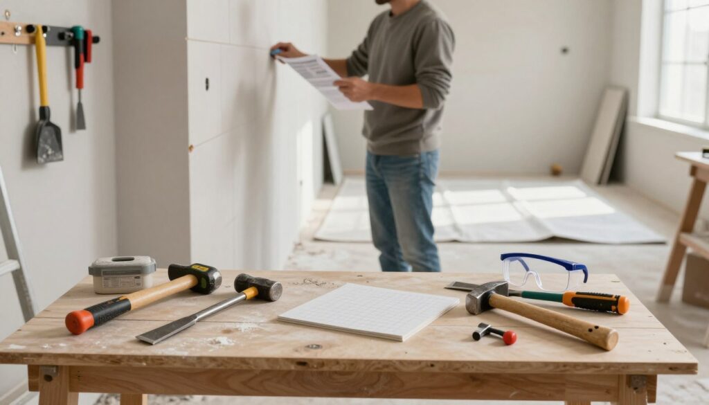 A well-organized, safe, and professional workspace for tile removal preparations is depicted. In the foreground, neatly arranged tools such as a chisel, hammer, and safety goggles rest on a sturdy workbench. The middle layer features an individual dressed in modest casual clothing, carefully assessing the wall before starting. They are focused, demonstrating a safe technique while consulting a manual. In the background, the room is illuminated by soft, natural light coming through a window, casting gentle shadows. Clean drop cloths are laid out on the floor to protect the surface below, and additional tools hang orderly on the walls. The atmosphere conveys professionalism, readiness, and a commitment to safety in home improvement projects. A well-organized, safe, and professional workspace for tile removal preparations is depicted. In the foreground, neatly arranged tools such as a chisel, hammer, and safety goggles rest on a sturdy workbench. The middle layer features an individual dressed in modest casual clothing, carefully assessing the wall before starting. They are focused, demonstrating a safe technique while consulting a manual. In the background, the room is illuminated by soft, natural light coming through a window, casting gentle shadows. Clean drop cloths are laid out on the floor to protect the surface below, and additional tools hang orderly on the walls. The atmosphere conveys professionalism, readiness, and a commitment to safety in home improvement projects.