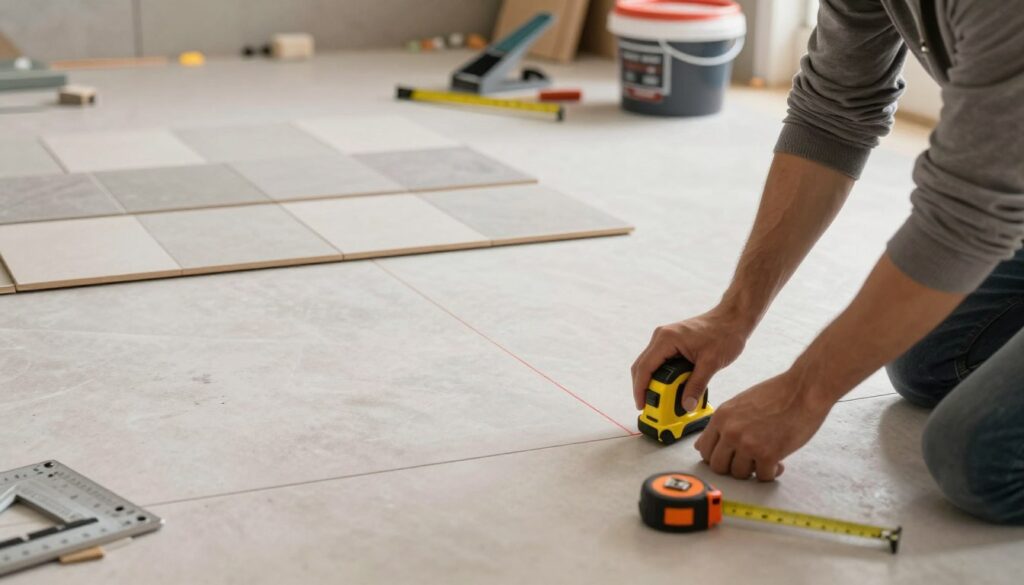 A well-organized tile installation workspace illustrating the process of leveling and marking starting lines for floor tiles. In the foreground, a professional installer with modest casual clothing is using a laser level to create precise horizontal lines on the floor, with a measuring tape and square tool positioned nearby. In the middle ground, several rows of tiles are laid out, demonstrating the correct alignment, and a chalk line extends across the floor, accentuating the starting point. The background features tools such as a tile cutter and mixing bucket, under warm, bright lighting that highlights the details of the tiles and the workspace. The atmosphere is one of focus and professionalism, emphasizing accuracy and craftsmanship in tile installation.