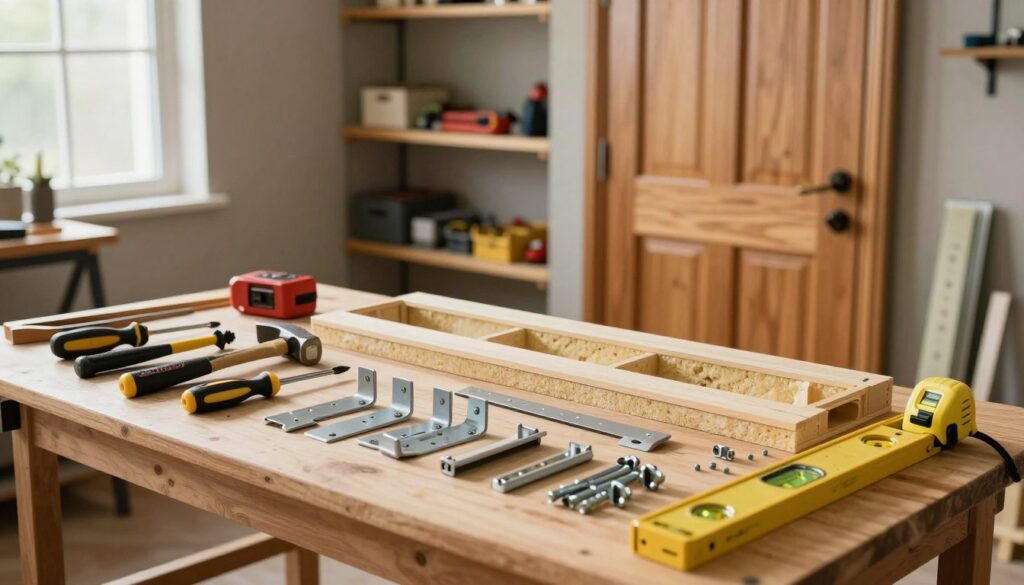A well-organized workspace featuring an array of essential assembly tools for constructing and installing basement doors. In the foreground, a sturdy workbench holds a variety of tools like a hammer, screwdrivers, pliers, a level, and a measuring tape. A selection of high-quality brackets and fasteners lies neatly arranged beside them. In the middle ground, a partially built wooden door stands in progress, showcasing detailed joints and insulation materials. The background displays shelves filled with additional tools and materials, softly illuminated by natural light filtering through a nearby window, creating a warm and inviting atmosphere. The scene captures a professional mood, emphasizing craftsmanship and attention to detail in home improvement.