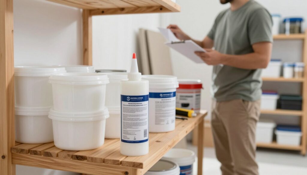 A well-organized workspace showcasing the logistics of wallpaper adhesive storage, with various containers of wallpaper glue stacked neatly on sturdy wooden shelves. In the foreground, a close-up of a can of fiberglass wallpaper adhesive, its label clearly visible but without any text overlays. In the middle, a professional individual in modest casual attire inspecting the adhesive, holding a notepad. In the background, a well-lit room with natural light pouring in, revealing detailed tools and materials for wallpaper application and storage. The atmosphere is clean, orderly, and focused on precision, emphasizing the importance of careful logistics and handling in adhesive storage. A well-organized workspace showcasing the logistics of wallpaper adhesive storage, with various containers of wallpaper glue stacked neatly on sturdy wooden shelves. In the foreground, a close-up of a can of fiberglass wallpaper adhesive, its label clearly visible but without any text overlays. In the middle, a professional individual in modest casual attire inspecting the adhesive, holding a notepad. In the background, a well-lit room with natural light pouring in, revealing detailed tools and materials for wallpaper application and storage. The atmosphere is clean, orderly, and focused on precision, emphasizing the importance of careful logistics and handling in adhesive storage.