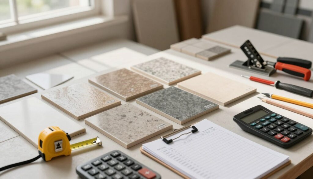A well-organized workspace showcasing various types of floor tiles arranged neatly on a table. In the foreground, a measuring tape, calculator, and notepad filled with calculations are visible, indicating preparation for laying tiles. In the middle ground, a diverse selection of tile samples from a single manufacturer is displayed, highlighting different colors, textures, and sizes. The background features a partially tiled floor area, with tools such as a tile cutter and spacers nearby, enhancing the DIY atmosphere. Soft, natural lighting comes from a nearby window, casting gentle shadows and creating a warm, inviting mood. The scene conveys a sense of planning and precision, essential for a successful tiling project.