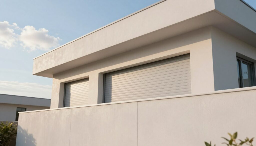 An aesthetically pleasing exterior of a contemporary residential building, featuring hidden roller shutters integrated within wall insulation and elevation. The foreground showcases the sleek, smooth texture of the insulating material, harmoniously blending with the elegant exterior design. In the middle ground, the roller shutter box and guiderails are discreetly concealed, exemplifying modern architectural styling. The background includes a clear blue sky with soft clouds, casting gentle sunlight over the scene. The lighting is bright yet soft, creating a warm and inviting atmosphere. A wide-angle perspective enhances the depth, focusing on the seamless integration of functionality and design. This serene image reflects innovation in home design, emphasizing cleanliness and modern living. An aesthetically pleasing exterior of a contemporary residential building, featuring hidden roller shutters integrated within wall insulation and elevation. The foreground showcases the sleek, smooth texture of the insulating material, harmoniously blending with the elegant exterior design. In the middle ground, the roller shutter box and guiderails are discreetly concealed, exemplifying modern architectural styling. The background includes a clear blue sky with soft clouds, casting gentle sunlight over the scene. The lighting is bright yet soft, creating a warm and inviting atmosphere. A wide-angle perspective enhances the depth, focusing on the seamless integration of functionality and design. This serene image reflects innovation in home design, emphasizing cleanliness and modern living.