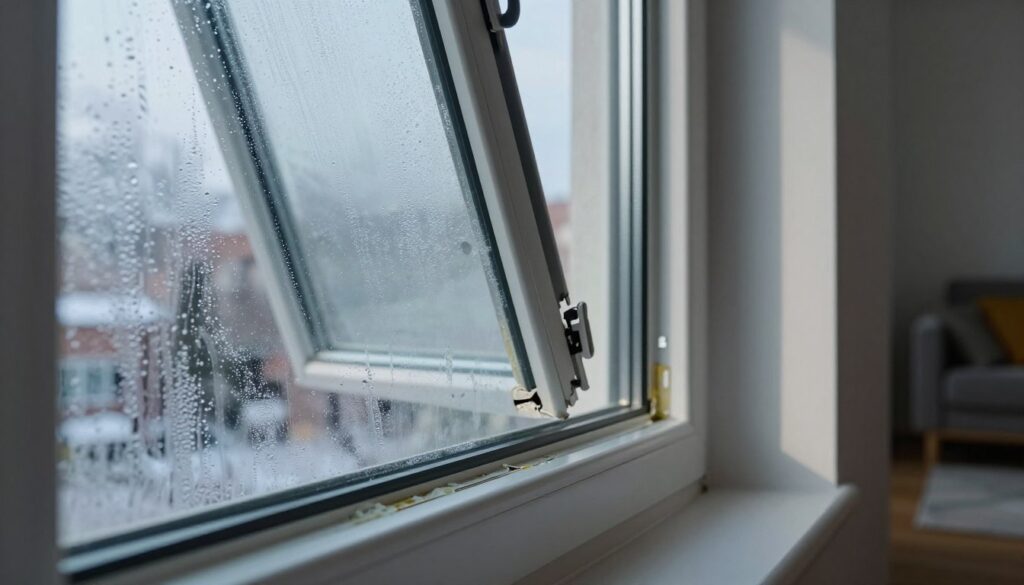 An interior view of a window with visible thermal bridges, featuring a slightly open window pane to illustrate the issue. In the foreground, detailed close-ups of condensation forming on the glass, emphasizing the cold air seeping in. The middle ground shows the window frame with insulation materials partially removed, revealing gaps and unsealed edges where thermal bridges may occur. The background features an indoor setting, such as a modern living room with cozy furniture, but noticeably colder near the window area, indicated by a cooler color palette. Natural light filters through the window, casting soft shadows, creating a slightly chilly atmosphere that highlights the importance of preventing thermal bridges. The overall mood is informative and slightly urgent.