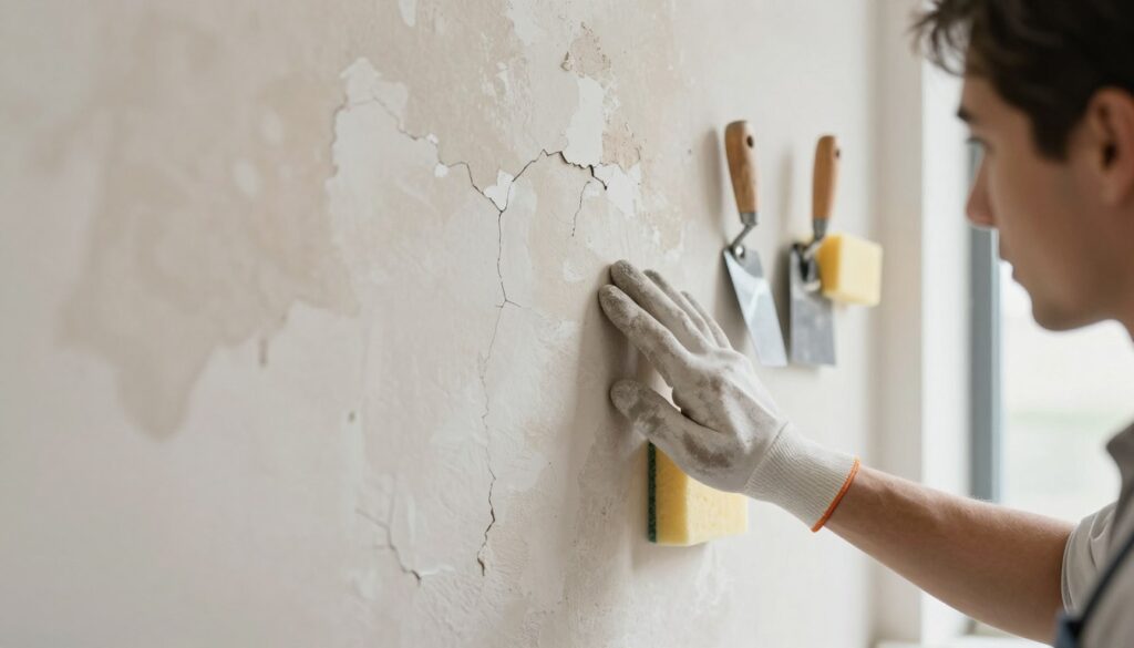 An old plaster wall in a well-lit room, showcasing the texture and imperfections of aged plaster, such as cracks and peeling paint. In the foreground, a close-up view of a hand, wearing a glove, gently touching the weathered surface, examining its condition with a meticulous gaze. The middle ground features various tools like a trowel, putty knife, and sponge, carefully arranged, symbolizing preparation for the new layer. In the background, a window allows soft natural light to flood the space, casting delicate shadows. The atmosphere conveys a sense of professionalism and careful assessment, emphasizing the importance of evaluating old plaster before applying a new layer. The image should maintain a clean, organized appearance without any text or distractions. An old plaster wall in a well-lit room, showcasing the texture and imperfections of aged plaster, such as cracks and peeling paint. In the foreground, a close-up view of a hand, wearing a glove, gently touching the weathered surface, examining its condition with a meticulous gaze. The middle ground features various tools like a trowel, putty knife, and sponge, carefully arranged, symbolizing preparation for the new layer. In the background, a window allows soft natural light to flood the space, casting delicate shadows. The atmosphere conveys a sense of professionalism and careful assessment, emphasizing the importance of evaluating old plaster before applying a new layer. The image should maintain a clean, organized appearance without any text or distractions.