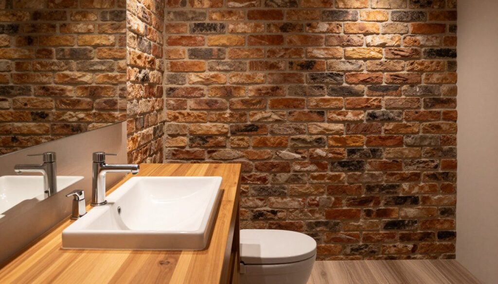 A beautifully arranged bathroom featuring a rustic brick wall behind a modern sink, showcasing a perfect blend of raw and refined elements. In the foreground, the sleek sink with elegant fixtures is placed on a wooden countertop, reflecting a minimalist yet cozy vibe. The middle ground showcases the textured brick wall, richly colored in warm tones, adding depth without overwhelming the space. The background features soft, ambient lighting that highlights the bricks and creates inviting shadows, enhancing the atmosphere. The floor is styled with polished wood or neutral tiles, contributing to a balanced aesthetic. The overall mood is warm and inviting, suitable for a functional yet stylish bathroom environment. A beautifully arranged bathroom featuring a rustic brick wall behind a modern sink, showcasing a perfect blend of raw and refined elements. In the foreground, the sleek sink with elegant fixtures is placed on a wooden countertop, reflecting a minimalist yet cozy vibe. The middle ground showcases the textured brick wall, richly colored in warm tones, adding depth without overwhelming the space. The background features soft, ambient lighting that highlights the bricks and creates inviting shadows, enhancing the atmosphere. The floor is styled with polished wood or neutral tiles, contributing to a balanced aesthetic. The overall mood is warm and inviting, suitable for a functional yet stylish bathroom environment.