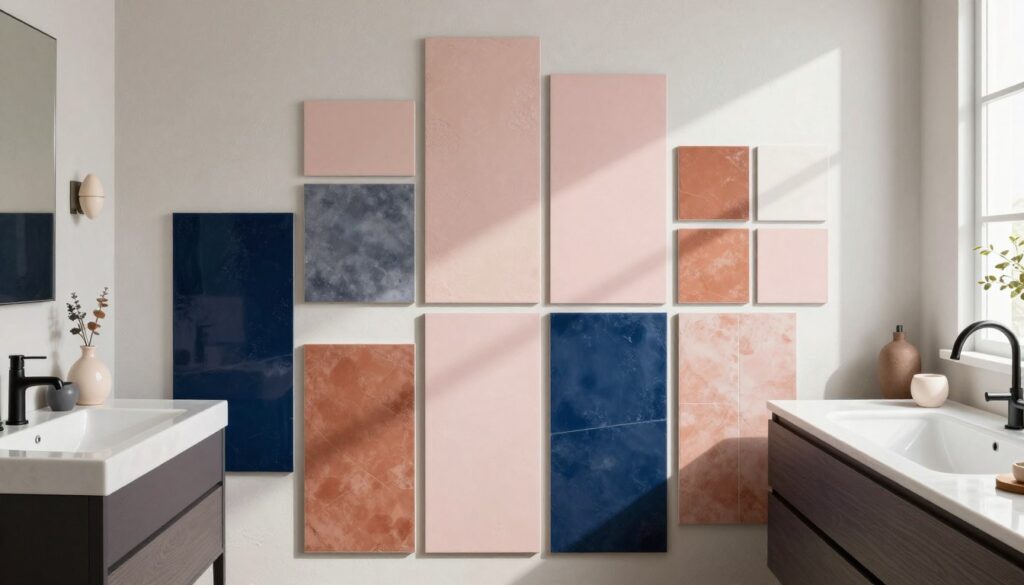 A beautifully arranged bathroom scene featuring a stunning variety of tiles displayed on a textured wall, showcasing an array of modern colors like deep navy blue, soft pastel pink, and earthy terracotta. In the foreground, stylish bathroom furniture, including a sleek vanity in a muted tone and decorative ceramic elements, adds to the aesthetic. The middle ground highlights a harmonious blend of paint swatches that complement the tile designs. The background captures elegant natural light streaming through a window, casting soft shadows that enhance the mood of tranquility. Use a wide-angle lens perspective to encapsulate the entire space, creating an inviting and refreshing atmosphere that reflects contemporary bathroom design trends. A beautifully arranged bathroom scene featuring a stunning variety of tiles displayed on a textured wall, showcasing an array of modern colors like deep navy blue, soft pastel pink, and earthy terracotta. In the foreground, stylish bathroom furniture, including a sleek vanity in a muted tone and decorative ceramic elements, adds to the aesthetic. The middle ground highlights a harmonious blend of paint swatches that complement the tile designs. The background captures elegant natural light streaming through a window, casting soft shadows that enhance the mood of tranquility. Use a wide-angle lens perspective to encapsulate the entire space, creating an inviting and refreshing atmosphere that reflects contemporary bathroom design trends.