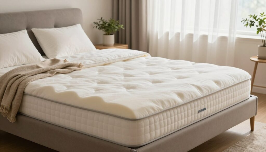 A beautifully arranged bedroom featuring a high-quality foam mattress prominently displayed on a stylish bed frame. In the foreground, the mattress is elegantly made with soft, breathable bedding, showcasing its contours and comfortable surface. Transitioning to the middle, include plush pillows and a cozy throw blanket to enhance the comfort theme. The background features a softly lit room with warm natural lighting filtering through sheer curtains, creating an inviting atmosphere. Subtle plants add a touch of freshness, symbolizing ventilation and a calming ambiance. The overall mood is tranquil and restful, ideal for illustrating the benefits of foam mattresses in terms of comfort and adaptability, with a focus on quality and durability. The perspective is slightly angled to highlight the features of the mattress and its luxurious setting.