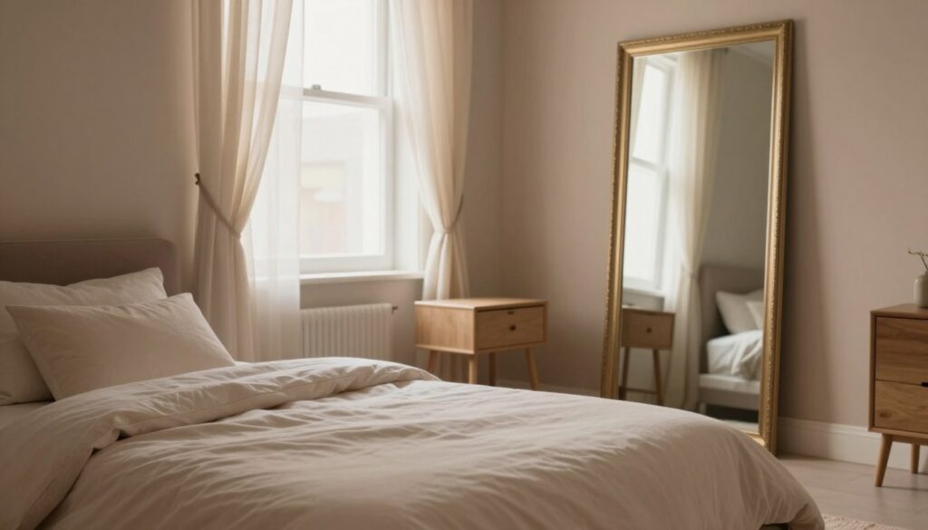 A beautifully arranged bedroom focusing on the concept of "linia łóżka". In the foreground, a neatly made bed with soft, inviting linens and pillows, positioned in accordance with feng shui principles. The middle layer showcases a strategically placed nightstand devoid of clutter and heavy furniture nearby. On the opposite side, a large, elegantly framed mirror reflects natural light without creating distractions. In the background, a gently flowing sheer curtain frames a window that lets in soft, warm daylight, creating a serene atmosphere. The walls are painted in calming colors, and the floor is clean and minimalist. The lens captures a cozy, inviting mood, emphasizing balance and tranquility in the space, with a slight focus on the arrangement to highlight the importance of the 'bed line'. A beautifully arranged bedroom focusing on the concept of "linia łóżka". In the foreground, a neatly made bed with soft, inviting linens and pillows, positioned in accordance with feng shui principles. The middle layer showcases a strategically placed nightstand devoid of clutter and heavy furniture nearby. On the opposite side, a large, elegantly framed mirror reflects natural light without creating distractions. In the background, a gently flowing sheer curtain frames a window that lets in soft, warm daylight, creating a serene atmosphere. The walls are painted in calming colors, and the floor is clean and minimalist. The lens captures a cozy, inviting mood, emphasizing balance and tranquility in the space, with a slight focus on the arrangement to highlight the importance of the 'bed line'.