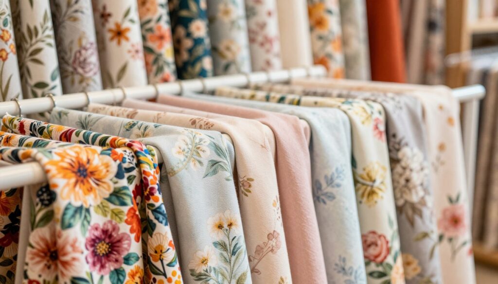 A beautifully arranged display of an extensive selection of fabrics featuring diverse floral patterns, neatly draped over various textures and colors. In the foreground, showcase a vibrant floral fabric with large, colorful blooms, while in the middle layer, include soft pastel fabrics with delicate prints. The background should be filled with a blurred variety of fabric swatches hanging on a stylish rack, hinting at more options. The lighting should be bright and warm, creating an inviting atmosphere, with soft shadows adding depth. A shallow depth of field enhances the focus on the fabrics, inviting the viewer into a world of customization and decor possibilities. The overall mood is creative and inspiring, perfect for exploring the harmony between floral designs and interior aesthetics.