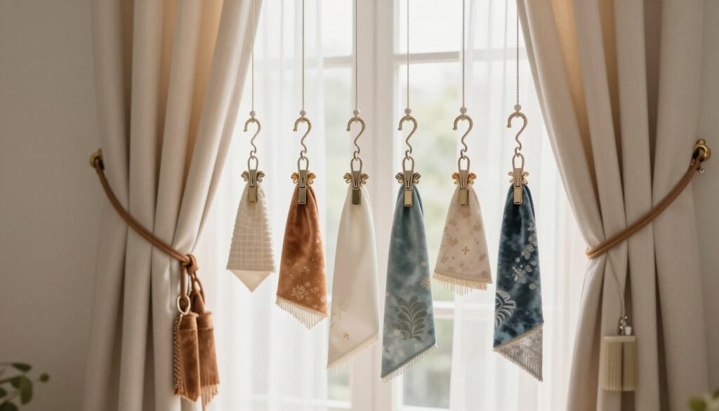 A beautifully arranged display of curtain tieback accessories, featuring elegant fabric ties, decorative hooks, and stylish clips, artistically presented against a soft, neutral background. In the foreground, focus on a variety of materials such as silk, cotton, and velvet, showcasing their textures and colors. The middle ground includes a charming set of curtain tiebacks in complementary colors and designs, positioned in an aesthetically pleasing manner. The background features a softly blurred window with sheer drapes, allowing gentle, natural light to filter through, creating a warm and inviting atmosphere. The overall mood is sophisticated and serene, ideal for illustrating the art of enhancing window displays without damaging the fabric. The composition should capture attention while remaining uncluttered and elegant. A beautifully arranged display of curtain tieback accessories, featuring elegant fabric ties, decorative hooks, and stylish clips, artistically presented against a soft, neutral background. In the foreground, focus on a variety of materials such as silk, cotton, and velvet, showcasing their textures and colors. The middle ground includes a charming set of curtain tiebacks in complementary colors and designs, positioned in an aesthetically pleasing manner. The background features a softly blurred window with sheer drapes, allowing gentle, natural light to filter through, creating a warm and inviting atmosphere. The overall mood is sophisticated and serene, ideal for illustrating the art of enhancing window displays without damaging the fabric. The composition should capture attention while remaining uncluttered and elegant.
