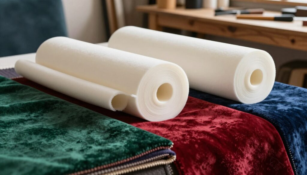 A beautifully arranged display of upholstery materials ideal for creating a luxurious upholstered bed. In the foreground, showcase swatches of rich, textured fabrics in deep jewel tones like emerald green, ruby red, and navy blue, with hints of soft velvet and durable canvas. In the middle, feature rolls of high-density foam, illustrating their thickness and plushness, emphasizing comfort. In the background, softly lit wooden planks suggest a cozy workshop setting, with tools gently blurred to convey a craftsman's ambiance. The lighting is warm and inviting, casting soft shadows that highlight the materials' rich textures. The overall atmosphere is one of creativity and professionalism, inspiring confidence in the craftsmanship of an upholstered bed. A beautifully arranged display of upholstery materials ideal for creating a luxurious upholstered bed. In the foreground, showcase swatches of rich, textured fabrics in deep jewel tones like emerald green, ruby red, and navy blue, with hints of soft velvet and durable canvas. In the middle, feature rolls of high-density foam, illustrating their thickness and plushness, emphasizing comfort. In the background, softly lit wooden planks suggest a cozy workshop setting, with tools gently blurred to convey a craftsman's ambiance. The lighting is warm and inviting, casting soft shadows that highlight the materials' rich textures. The overall atmosphere is one of creativity and professionalism, inspiring confidence in the craftsmanship of an upholstered bed.