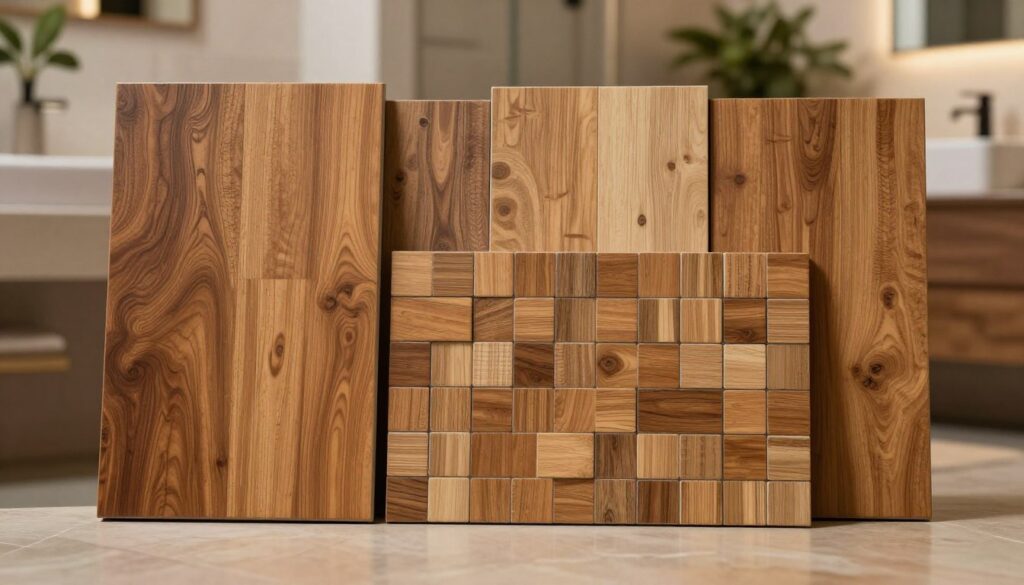 A beautifully arranged display of wooden-like tiles, showcasing a stunning variety of designs and textures that mimic natural wood grains. In the foreground, highlight a large-format tile with rich, warm tones, contrasting with a mosaic of smaller, square wooden-patterned tiles, intricately placed to create visual interest. The middle ground should feature a subtle, blurry hint of a bathroom setting, with soft ambient lighting that enhances the wood-like finish of the tiles. Include a smooth surface beneath the tiles, reflecting light for an inviting ambiance. In the background, gently blurred elements like bathroom fixtures or plants can be suggested, adding depth while maintaining focus on the tiles. The overall mood is warm, earthy, and elegant, perfect for a sophisticated bathroom aesthetic. A beautifully arranged display of wooden-like tiles, showcasing a stunning variety of designs and textures that mimic natural wood grains. In the foreground, highlight a large-format tile with rich, warm tones, contrasting with a mosaic of smaller, square wooden-patterned tiles, intricately placed to create visual interest. The middle ground should feature a subtle, blurry hint of a bathroom setting, with soft ambient lighting that enhances the wood-like finish of the tiles. Include a smooth surface beneath the tiles, reflecting light for an inviting ambiance. In the background, gently blurred elements like bathroom fixtures or plants can be suggested, adding depth while maintaining focus on the tiles. The overall mood is warm, earthy, and elegant, perfect for a sophisticated bathroom aesthetic.