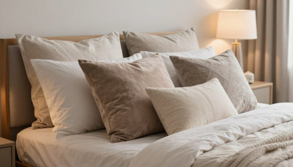 A beautifully arranged headboard made of various plush pillows in soft, neutral tones, featuring detailed stitching and elegant patterns. The pillows are stacked neatly, showcasing a combination of textures like velvet and linen, creating a cozy yet sophisticated atmosphere. In the foreground, focus on the clean and stable construction where pillows are securely attached to a sturdy wooden frame, implying a solution that prevents them from shifting during the night. The middle area captures the inviting bed with lightweight, airy sheets, while soft ambient lighting from a bedside lamp casts a warm glow, enhancing the tranquility of the scene. In the background, a softly blurred bedroom interior completes the serene mood, embodying a well-organized and restful space. A beautifully arranged headboard made of various plush pillows in soft, neutral tones, featuring detailed stitching and elegant patterns. The pillows are stacked neatly, showcasing a combination of textures like velvet and linen, creating a cozy yet sophisticated atmosphere. In the foreground, focus on the clean and stable construction where pillows are securely attached to a sturdy wooden frame, implying a solution that prevents them from shifting during the night. The middle area captures the inviting bed with lightweight, airy sheets, while soft ambient lighting from a bedside lamp casts a warm glow, enhancing the tranquility of the scene. In the background, a softly blurred bedroom interior completes the serene mood, embodying a well-organized and restful space.