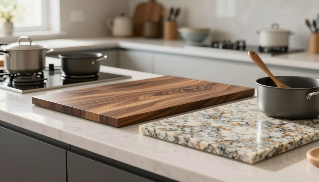 A beautifully arranged kitchen countertop featuring various materials: a section of smooth, light-colored laminate; a piece of rich, dark wood with a polished finish; a slab of elegant, textured granite with subtle veins; a gleaming quartz surface reflecting light; and a modern composite material showcasing a blend of colors. In the foreground, there's a clean, meticulously styled kitchen setup with pots and utensils positioned tastefully. The middle ground displays slim, soft-focused shelves adorned with kitchenware. The background features warm, natural lighting streaming in through a window, creating a cozy atmosphere. The overall mood is inviting and modern, highlighting the durability and aesthetic appeal of these materials in everyday use. A beautifully arranged kitchen countertop featuring various materials: a section of smooth, light-colored laminate; a piece of rich, dark wood with a polished finish; a slab of elegant, textured granite with subtle veins; a gleaming quartz surface reflecting light; and a modern composite material showcasing a blend of colors. In the foreground, there's a clean, meticulously styled kitchen setup with pots and utensils positioned tastefully. The middle ground displays slim, soft-focused shelves adorned with kitchenware. The background features warm, natural lighting streaming in through a window, creating a cozy atmosphere. The overall mood is inviting and modern, highlighting the durability and aesthetic appeal of these materials in everyday use.
