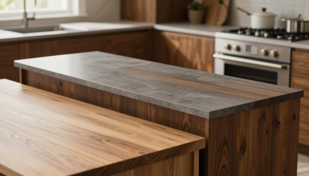 A beautifully arranged kitchen scene showcasing a selection of countertops suitable for brown kitchen furniture. In the foreground, feature a polished light wood countertop, smooth and inviting, with a subtle grain. In the middle, display a sleek, cool gray countertop with a modern finish, and contrast it with a darker, rich brown surface, showcasing different textures and patterns. In the background, soft natural light filters through a window, illuminating the space and casting gentle shadows that enhance the warm tones of the brown furniture. The atmosphere is inviting and cozy, reflecting a harmonious blend of colors and styles suitable for a contemporary kitchen setting. A beautifully arranged kitchen scene showcasing a selection of countertops suitable for brown kitchen furniture. In the foreground, feature a polished light wood countertop, smooth and inviting, with a subtle grain. In the middle, display a sleek, cool gray countertop with a modern finish, and contrast it with a darker, rich brown surface, showcasing different textures and patterns. In the background, soft natural light filters through a window, illuminating the space and casting gentle shadows that enhance the warm tones of the brown furniture. The atmosphere is inviting and cozy, reflecting a harmonious blend of colors and styles suitable for a contemporary kitchen setting.