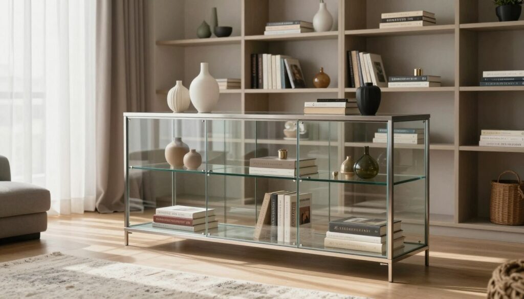 A beautifully arranged living room showcasing a stylish display cabinet (witryna) alongside a modern bookshelf (regał). The scene features a light and airy atmosphere with soft natural light filtering through sheer curtains, casting gentle shadows across the room. In the foreground, the sleek glass-fronted cabinet is filled with tasteful decor items, such as elegant vases and chic books, enhancing visual interest without clutter. The middle ground showcases a minimalist yet functional bookshelf, organized with a mix of books and decorative objects, harmonizing with the overall aesthetic. The background includes a cozy seating area with a tasteful rug and neutral-colored walls. The camera angle captures the depth of the space, emphasizing the balance between style and practicality in home decor. A beautifully arranged living room showcasing a stylish display cabinet (witryna) alongside a modern bookshelf (regał). The scene features a light and airy atmosphere with soft natural light filtering through sheer curtains, casting gentle shadows across the room. In the foreground, the sleek glass-fronted cabinet is filled with tasteful decor items, such as elegant vases and chic books, enhancing visual interest without clutter. The middle ground showcases a minimalist yet functional bookshelf, organized with a mix of books and decorative objects, harmonizing with the overall aesthetic. The background includes a cozy seating area with a tasteful rug and neutral-colored walls. The camera angle captures the depth of the space, emphasizing the balance between style and practicality in home decor.