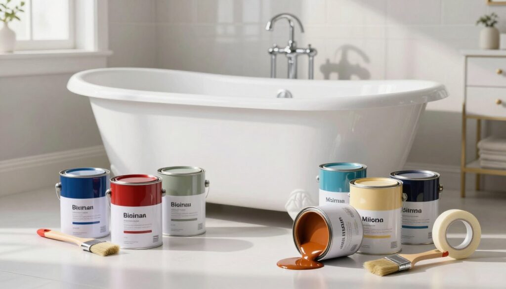 A beautifully arranged scene showcasing a collection of high-quality bathtub renovation paints. In the foreground, vibrant paint cans in various colors, labeled clearly, with one can partially open, spilling rich paint onto a clean white surface. The middle ground features a sleek, cast iron bathtub with a glossy finish, reflecting light, and surrounded by tools like brushes and painter's tape for renovation. The background displays an elegant, well-lit bathroom with soft, natural lighting filtering through a window, casting subtle shadows. The mood is inviting and professional, designed to inspire confidence in home improvement. The image must be devoid of any text or logos, focusing on the products and setting.