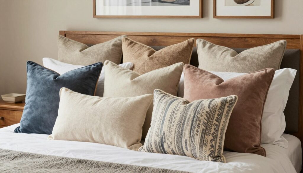 A beautifully arranged selection of various decorative pillows designed for a headboard, featuring an assortment of textures and colors, such as plush velvet, soft linen, and patterned cotton. The pillows should be stacked neatly, showcasing a harmonious blend of sizes and shapes, from large rectangular cushions to smaller accent pillows. The setting is a cozy, well-lit bedroom with warm, natural lighting, creating a serene atmosphere. In the background, subtle details like a stylish wooden bed frame and tastefully chosen artwork on the wall enhance the overall aesthetic. The focus is on the pillows, emphasizing their neat alignment, giving the impression of a well-structured headboard that maintains its form throughout the night. The angle is slightly elevated, capturing the depth and dimension of the pillows. A beautifully arranged selection of various decorative pillows designed for a headboard, featuring an assortment of textures and colors, such as plush velvet, soft linen, and patterned cotton. The pillows should be stacked neatly, showcasing a harmonious blend of sizes and shapes, from large rectangular cushions to smaller accent pillows. The setting is a cozy, well-lit bedroom with warm, natural lighting, creating a serene atmosphere. In the background, subtle details like a stylish wooden bed frame and tastefully chosen artwork on the wall enhance the overall aesthetic. The focus is on the pillows, emphasizing their neat alignment, giving the impression of a well-structured headboard that maintains its form throughout the night. The angle is slightly elevated, capturing the depth and dimension of the pillows.