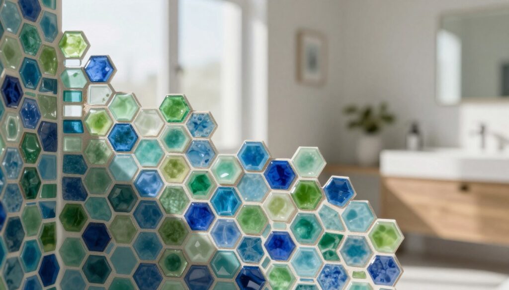 A beautifully arranged shower mosaic design, featuring an intricate pattern of colorful hexagons in varied sizes, showcasing harmonious combinations of vibrant blue, green, and earth tones. In the foreground, the glossy tiles reflect light, enhancing the vivid colors. The middle section includes a flow of soft, diffused natural light filtering in from a frosted window, highlighting the texture of the tiles and the subtle grout lines between them. In the background, a serene, modern bathroom ambiance is created with minimalist decor and soft shadows, evoking a clean, refreshing atmosphere. The overall mood is tranquil and elegant, ideal for a stylish shower arrangement. A beautifully arranged shower mosaic design, featuring an intricate pattern of colorful hexagons in varied sizes, showcasing harmonious combinations of vibrant blue, green, and earth tones. In the foreground, the glossy tiles reflect light, enhancing the vivid colors. The middle section includes a flow of soft, diffused natural light filtering in from a frosted window, highlighting the texture of the tiles and the subtle grout lines between them. In the background, a serene, modern bathroom ambiance is created with minimalist decor and soft shadows, evoking a clean, refreshing atmosphere. The overall mood is tranquil and elegant, ideal for a stylish shower arrangement.