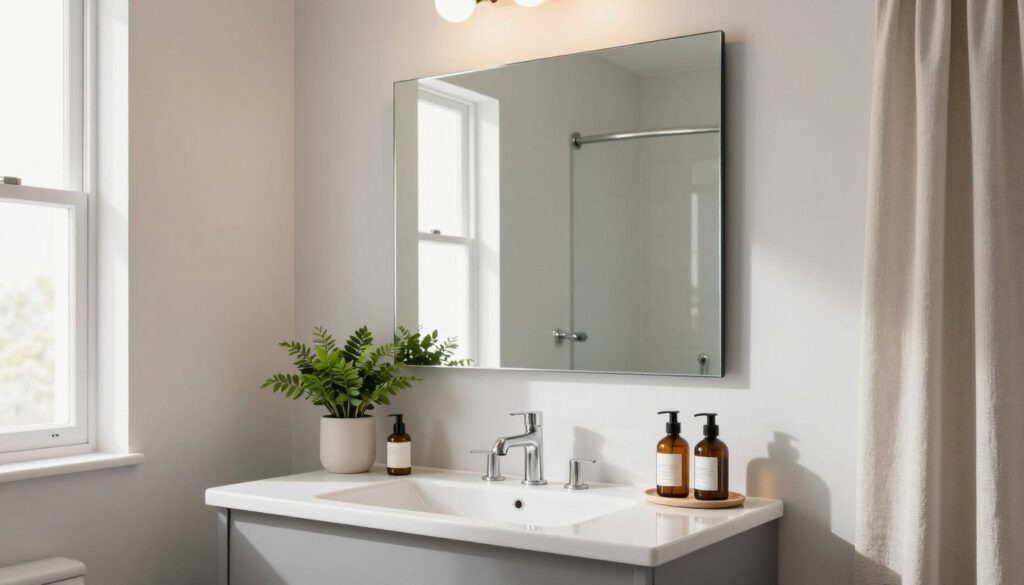 A beautifully arranged small bathroom featuring a large, elegant mirror above a stylish sink. The mirror captures the soft, natural light coming through a nearby window, enhancing the brightness of the space. In the foreground, the sink is modern with sleek lines, surrounded by minimalist accessories. The walls are painted in soothing light colors, creating a calming atmosphere. The middle ground showcases decorative elements like green plants and neatly organized toiletries, which add touches of warmth without clutter. In the background, subtle textures and a hint of a stylish shower curtain provide depth. The overall mood is serene and well-organized, with an emphasis on spaciousness and tranquility. The lighting is bright and inviting, perfectly illuminating the scene. A beautifully arranged small bathroom featuring a large, elegant mirror above a stylish sink. The mirror captures the soft, natural light coming through a nearby window, enhancing the brightness of the space. In the foreground, the sink is modern with sleek lines, surrounded by minimalist accessories. The walls are painted in soothing light colors, creating a calming atmosphere. The middle ground showcases decorative elements like green plants and neatly organized toiletries, which add touches of warmth without clutter. In the background, subtle textures and a hint of a stylish shower curtain provide depth. The overall mood is serene and well-organized, with an emphasis on spaciousness and tranquility. The lighting is bright and inviting, perfectly illuminating the scene.