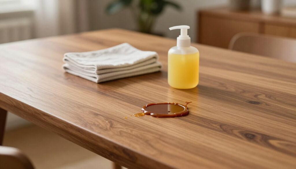 A beautifully arranged wooden table showcased in a warm, inviting setting, featuring a noticeable wax stain in the foreground. The surface of the table is polished, reflecting soft ambient lighting that highlights the rich wood grain and natural color variations. In the middle, a delicate stack of cleaning cloths and a gentle wax remover bottle lay adjacent to the wax stain, suggesting a careful approach to cleaning without damaging the protective layer. The background consists of softly blurred home decor elements, like a potted plant and a cozy chair, creating a serene atmosphere. The camera angle captures the table's surface at a slight tilt to emphasize the wax stain, evoking a sense of tranquility and attention to detail in home care. A beautifully arranged wooden table showcased in a warm, inviting setting, featuring a noticeable wax stain in the foreground. The surface of the table is polished, reflecting soft ambient lighting that highlights the rich wood grain and natural color variations. In the middle, a delicate stack of cleaning cloths and a gentle wax remover bottle lay adjacent to the wax stain, suggesting a careful approach to cleaning without damaging the protective layer. The background consists of softly blurred home decor elements, like a potted plant and a cozy chair, creating a serene atmosphere. The camera angle captures the table's surface at a slight tilt to emphasize the wax stain, evoking a sense of tranquility and attention to detail in home care.