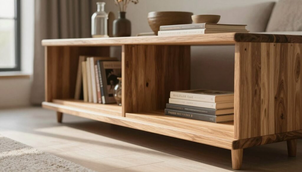 A beautifully crafted, expandable wooden shelf made of rich, lightly textured oak, showcasing its dimensions with attention to detail. In the foreground, the shelf is partially opened to reveal its multi-tiered structure, highlighting its sturdiness and elegant finish. The middle ground features an organized arrangement of books and decorative items on the shelf, emphasizing functionality and aesthetics. The background softly blurs to showcase a modern, warmly lit living space with subtle earth tones, creating a cozy and inviting atmosphere. The scene is illuminated by natural light streaming through a nearby window, casting gentle shadows that enhance the wood grain. The perspective is slightly angled, drawing the viewer’s eye across the shelf's features while maintaining a professional and serene ambiance. A beautifully crafted, expandable wooden shelf made of rich, lightly textured oak, showcasing its dimensions with attention to detail. In the foreground, the shelf is partially opened to reveal its multi-tiered structure, highlighting its sturdiness and elegant finish. The middle ground features an organized arrangement of books and decorative items on the shelf, emphasizing functionality and aesthetics. The background softly blurs to showcase a modern, warmly lit living space with subtle earth tones, creating a cozy and inviting atmosphere. The scene is illuminated by natural light streaming through a nearby window, casting gentle shadows that enhance the wood grain. The perspective is slightly angled, drawing the viewer’s eye across the shelf's features while maintaining a professional and serene ambiance.